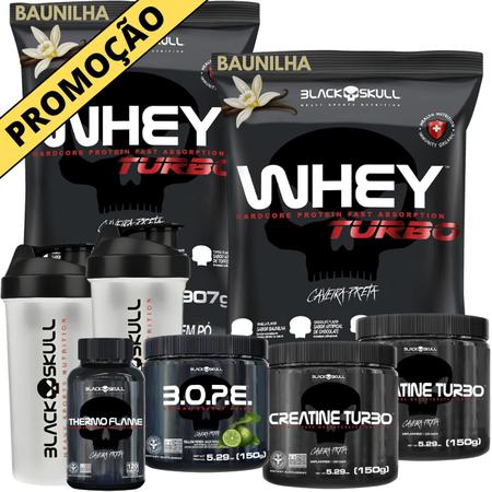 Imagem de Kit 2x Whey Turbo + 2x Creatina 150g + Pré-Treino BOPE 150g + Thermo Flame Termogênico 120 Tabletes+ 2x Coqueteleira - Black Skull