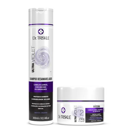 Imagem de Kit 2x1 Matizador Desamarelador Dr. Triskle Ultra Violet Shampoo 300ml + Máscara 250g Tratamento Cabelos Loiros Mechas Grisalhos