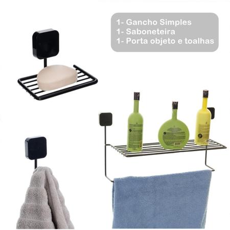 Imagem de Kit 3 Acessorio Para Banheiro Suporte De Shampoo Toalha Gancho Saboneteira 50 Meses Garantia !