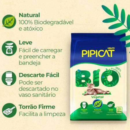 Imagem de Kit 3 Areia Higiênica Pipicat Bio Vegetal Natural Gato 1,8kg