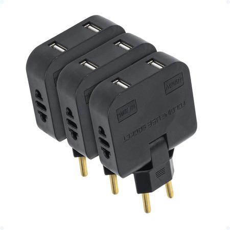 Imagem de Kit 3 Benjamim Adaptador T Articulado 16A 2 Plug USB Bivolt