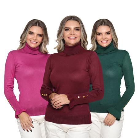 Imagem de Kit 3 Blusa Feminina Tricô Gola Alta Manga Longa Lã Botão na Manga