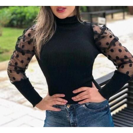 Kit 3 Blusas canelada manga longa tule poa gola alta novidade feminina - Filó Modas Imagem de Kit 3 Blusas canelada manga longa tule poa gola alta novidade feminina