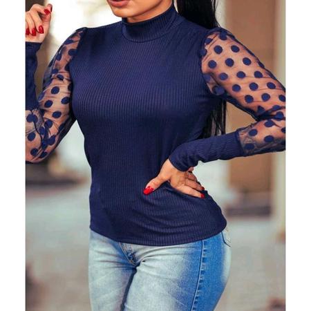 Kit 3 Blusas canelada manga longa tule poa gola alta novidade feminina - Filó Modas Imagem de Kit 3 Blusas canelada manga longa tule poa gola alta novidade feminina
