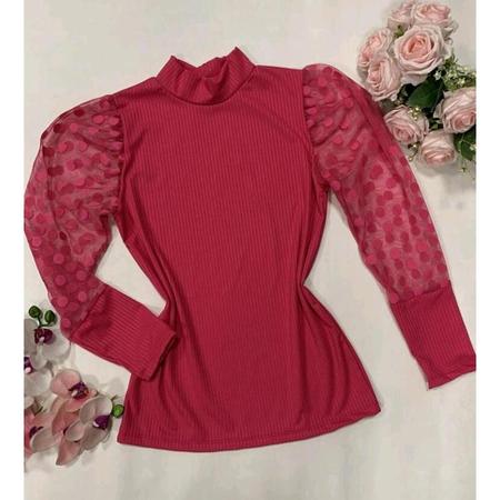 Kit 3 Blusas canelada manga longa tule poa gola alta novidade feminina - Filó Modas Imagem de Kit 3 Blusas canelada manga longa tule poa gola alta novidade feminina