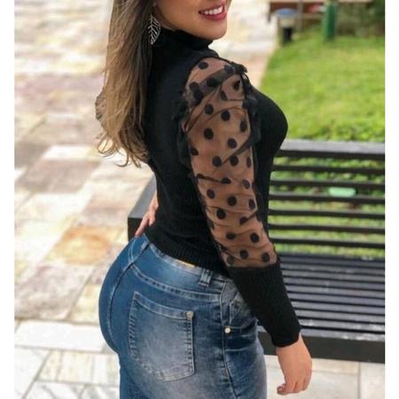 Kit 3 Blusas canelada manga longa tule poa gola alta novidade feminina - Filó Modas Imagem de Kit 3 Blusas canelada manga longa tule poa gola alta novidade feminina
