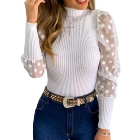 Kit 3 Blusas canelada manga longa tule poa gola alta novidade feminina - Filó Modas Imagem de Kit 3 Blusas canelada manga longa tule poa gola alta novidade feminina