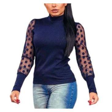 Kit 3 Blusas canelada manga longa tule poa gola alta novidade feminina - Filó Modas Imagem de Kit 3 Blusas canelada manga longa tule poa gola alta novidade feminina