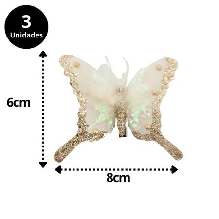 Imagem de Kit 3 Borboletas Decoradas Gliter Champanhe Furta Cor Plumas Luxo 8cm - Magizi