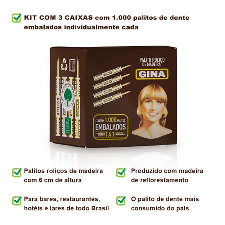 Kit 100 caixas de Palitos de Dentes Roliços de Madeira Gina 100 un