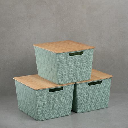 Imagem de Kit 3 caixas organizadoras tampa de bambu 18l verde  Oikos