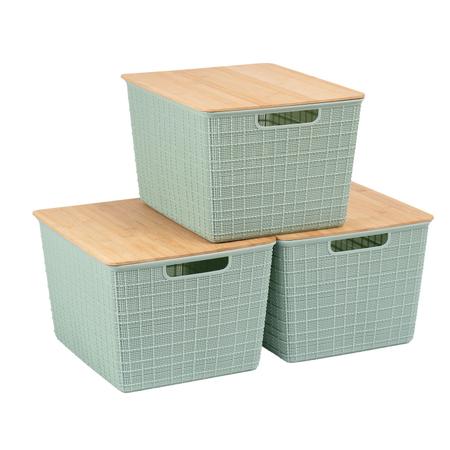 Imagem de Kit 3 caixas organizadoras tampa de bambu 18l verde  Oikos