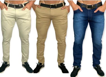 Imagem de Kit 3 calça jeans masculina slim com lycra caqui em sarja Skinny