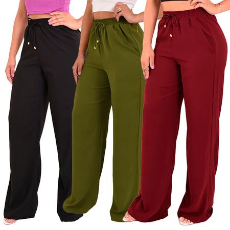 Imagem de Kit 3 Calça Pantalona Feminina Cintura Alta Tendência Larga