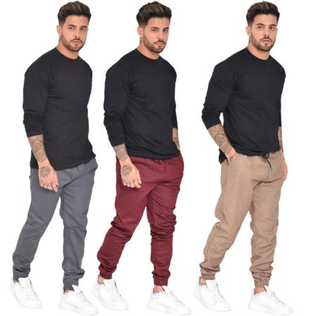 Imagem de kit 3 calças jogger masculina c / elastico moda jeans e sarja a pronta entrega