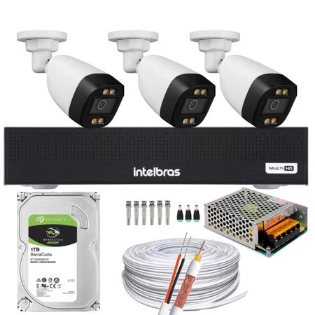 Imagem de Kit 3 Câmeras Segurança FullColor Colorido Dia e Noite Dvr Intelbras 1004c Hd 500gb