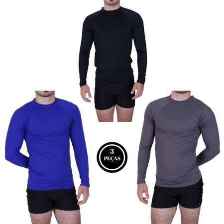 Imagem de Kit 3 Camisa Térmica Segunda Pele Proteção Solar UV 50+ Masculina - BLUSA UV AZUL ROYAL PRETO CINZA