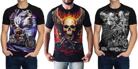 Imagem de Kit 3 Camisas Moto Motoqueiro Skull Camiseta Masculina