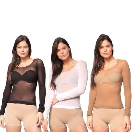 Kit 3 Camisas Selene Segunda Pele Modal ML Feminina Preto Branco Nude Camisa Segunda Pele Magazine Luiza