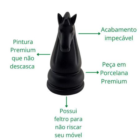 Uma peça de xadrez preta com uma cabeça de cavalo.