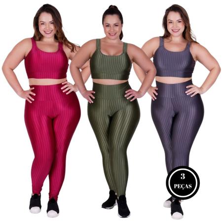 Imagem de Kit 3 Conjunto Fitness Plus Size Top e Legging 46 48 50 - KIT 3 BÁRBARA CINZA PINK VERDE MILITAR