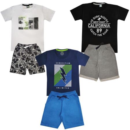 Kit 3 Conjuntos Verão Infantil Juvenil Masculino Camiseta reforço