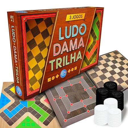 Kit 3 em 1 Damas Ludo e Trilha Jogos Classicos de Tabuleiro em