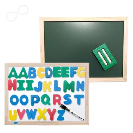 Imagem de Kit 3 Em 1 Lousa Infantil Quadro Branco Verde Letras Magnéticas Giz Caneta e Apagador