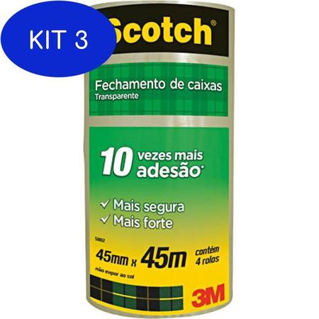 Imagem de Kit 3 Fita PVC 45x45m Transparente Scotch 3M 4 Rolos