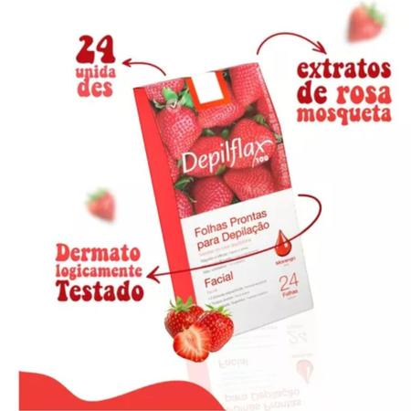 Imagem de kit 3 Folhas Prontas Facial Depilação Cera Depilflax Morango 72 Unid.