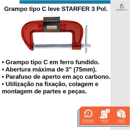 Imagem de Kit 3 Grampo tipo C marceneiro carpinteiro leve 3 Polegadas - Starfer