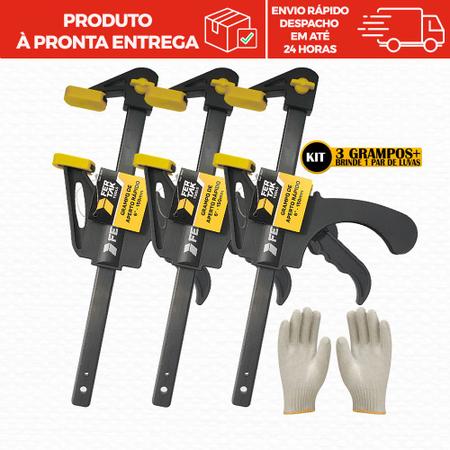 Imagem de Kit 3 Grampos Sargento Aperto Rápido Fertak 6" 15cm + Luvas