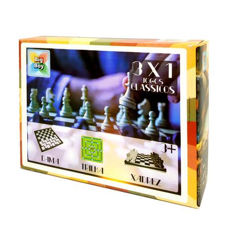 Kit 3 Jogos de Lógica Tabuleiro Xadrez Dama e Trilha - Big Boy