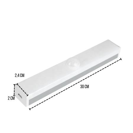 Imagem de Kit 3 Luminárias Lâmpada Barra Led Sobrepor Branco de 30CM Sensor de Presença USB Para Armários Closets Nichos Gavetas