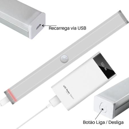 Imagem de Kit 3 Luminárias Lâmpada Barra Led Sobrepor Branco de 30CM Sensor de Presença USB Para Armários Closets Nichos Gavetas