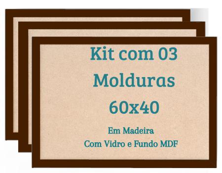Imagem de Kit 3 Molduras 60x40 Quadros Com Vidro e Madeira Laqueada 40x60