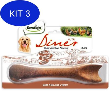 Imagem de Kit 3 Mordedor Natural Cães Dentalight Nutri Diner Frango 220G