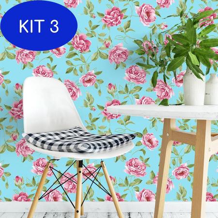 Imagem de Kit 3 Papel de Parede Floral Fundo Azul e Detalhes em Verde e Rosa