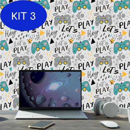 Imagem de Kit 3 Papel De Parede Gamer Controles Bora Jogar Fundo Claro 2,50M