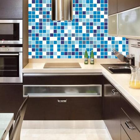 Imagem de Kit 3 Papel Parede Pastilhas Azul Piscina Adesivo Cozinha Banheiro