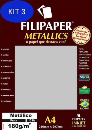 Imagem de Kit 3 Papel Prata Metálico A4 210X297Mm 180Gm² 15 Folhas