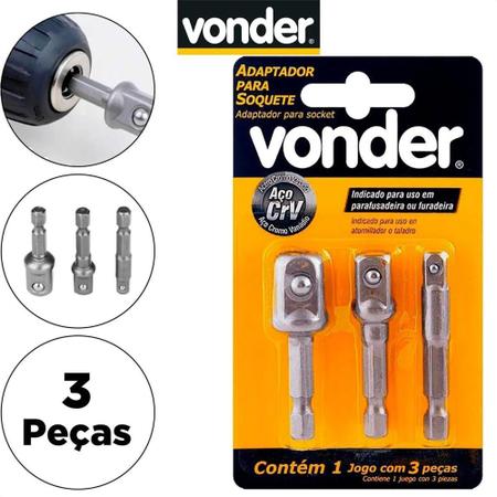 Imagem de Kit 3 Peças Adaptador Parafusadeira Soquete Cachimbo Vonder - Vonder