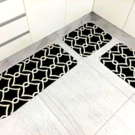 Imagem de Kit 3 peças tapete para cozinha preto estampado arabic