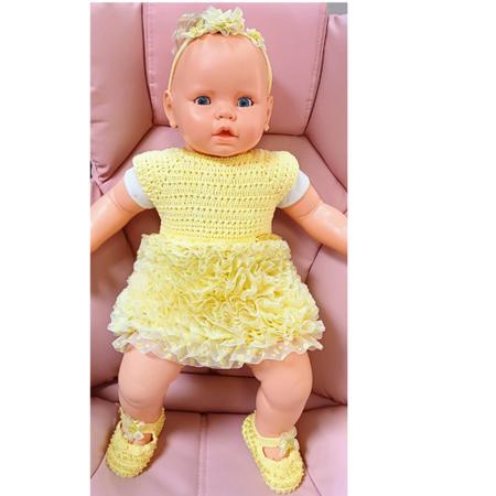 Conjunto Vestido, Sapatinho e Tiara para Bebê em Crochê