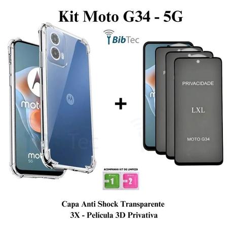 Imagem de Kit 3 Películas 3D de Vidro Privacidade + Capa Capinha Transparente para Moto G34