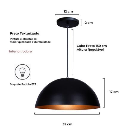 Imagem de Kit 3 Pendente Lustre Luminária Meia Lua 30cm Preto