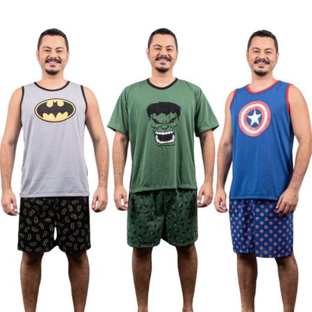 Imagem de Kit 3 Pijamas Adultos Masculinos Curtos Super Herói