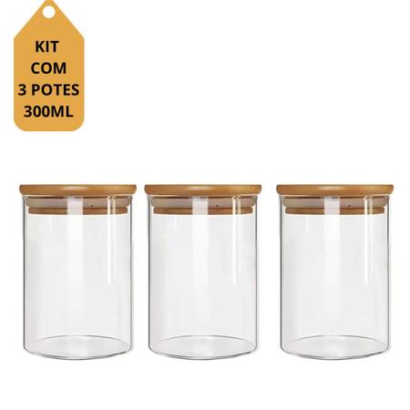 Imagem de Kit 3 Potes De Vidro Hermético 300ml Com Tampa de Bambu e Etiqueta Organizadora