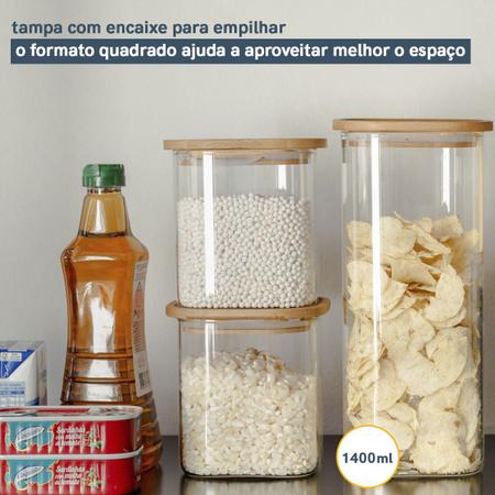 Imagem de Kit 3 Potes de Vidro P/ Mantimentos 1400ml C/ Tampa Bambu Oikos