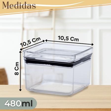 Imagem de Kit 3 Potes Herméticos Quadrados 480ml Tampa Preta ou Transparente Cristal - Paramount